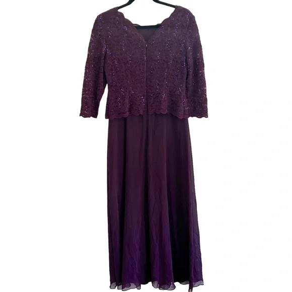 ALEX EVENINGS Sequined lace Floral 3/4 Sleeve long chiffon mock dress SZ 10P - Picture 7 of 9
